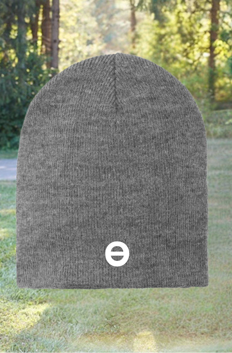Gray beanie with a logo on a white background